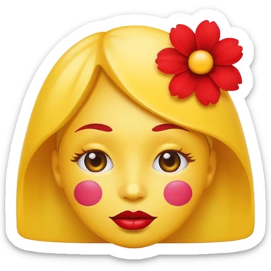 Create an yellow circle face emoji that lips are big, red, shiney and have flower on her head sticker