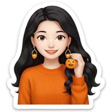 Korean 24-year-old female online shopping mall seller / Orange knit / White face / Earrings / Smiling expression / Long wavy hair / Influencer vibe / Fashionable / Black hair sticker