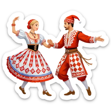 Cinematic Realistic scene of two performers engaging in the Croatian Linđo folk dance, adorned in vibrant traditional costumes with intricate patterns and accessories, captured in graceful, synchronized motion under festive natural lighting. sticker