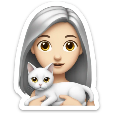 a white girl with a white cat on her hands, a cat have a gray ears and tail sticker