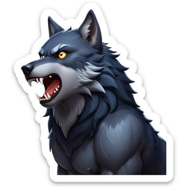 cinematic-noble-fierce-werewolf-howling-portrait-emoji, poised-and-imposing, with a fierce wolfish face tilted upwards in a haunting howl, glowing eyes full of primal ferocity, sharp, and a rugged snout, fur rippling in shades of midnight black and silver, muscles tensed as the powerful howl echoes beneath the moonlit sky; rendered with realism, capturing the raw, untamed power of the beast in its wild, primal state sticker