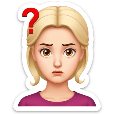 A woman with a confused facial expression, furrowed brow, and question mark above her head sticker