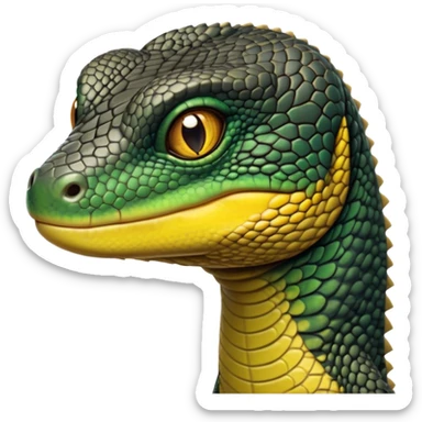 cinematic-realistic-cute-monitor-lizard-portrait-emoji,-head-tilted-playfully-and-inquisitively,-featuring-a-compact,-agile-body-with-finely-detailed,-glossy-scales-in-earthy-black and yellow-hues-and-a-distinct,-alert-face-with-bright,-curious-eyes, black , yellow spotted and green band  scales and a slender neck sticker