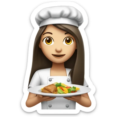 Brunette long straight hair girl holding food plate in a cook hat sticker