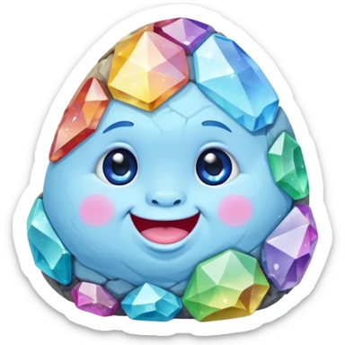 A single pastel rainbow crystal baby rock character, chubby and heavy with a chunky, irregular polygon shape, not egg-shaped, covered in faceted crystal planes and small chips, soft blue face carved into the rock, big glossy rainbow eyes and a small smiling mout sticker