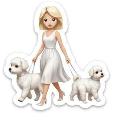 blonde woman wearing white, walking 1 maltese dog sticker