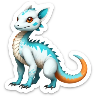 Rare realistic exotic cute white gloomy whitish and orange and cyan epic pretty beautiful handsome gorgeous aesthetic colorful vibrant Vernid-Trico-species-Fakemon-Salandit-hybrid-creature by LiLaiRa, 4 legs, 1 tail, random markings, (full body) sticker