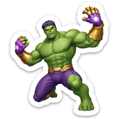Hulk fighting Thanos, green superhero versus purple villain with infinity gauntlet sticker