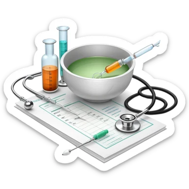 An icon featuring the Bowl of Hippocrates, a syringe, and a stethoscope, symbolizing medicine. The design includes a medical chart and lab tools, representing the practice of healing, diagnosis, and patient care. Transparent background highlights the science and ethics of medicine. sticker