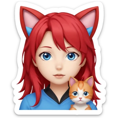 cute anime girl with cat ears, red blowing hair sticker