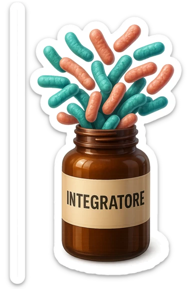 EMOJI STILE IPHONE DI boccetta di integratore con la scritta "INTEGRATORE" SULL'ETICHETTA, con batteri intestinali turchesi e rosa salmone che escono, IPERREALISTICO 4K sticker