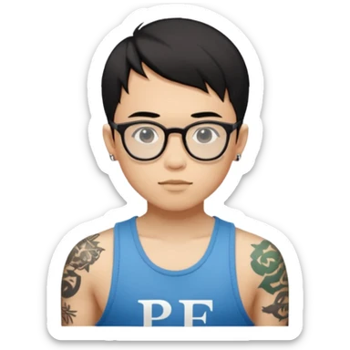 A young boy with A macbook laptop, black straight short hair, wearing glasses, wearing a tanktop, has tattoos, he is asian

Add the letters "P I F" floating around sticker