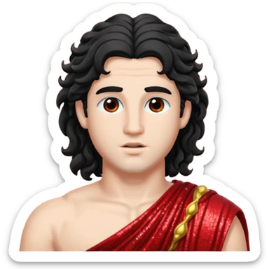 Adonis, God of Beauty from Roman Deities with long black wavy hair, red sequin toga sticker