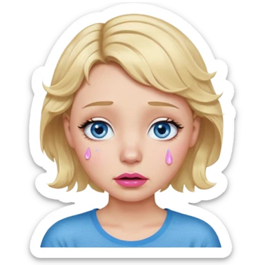 Girl Blonde short wavy hair,  blue eyes, cute blue top, long lashes, pink lips,crying with big tears running down the face  sticker