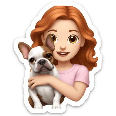  white skinned girl with medium pink wavy hair holding a brown and white french bulldog puppy  sticker