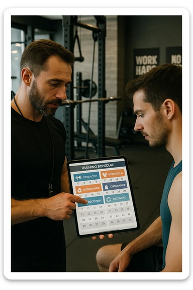 realistic cinematic photo a personal trainer and a client stand in a modern gym, reviewing a large, color-coded training calendar or chart on a tablet. The calendar shows different phases (Forza, Ipertrofia, Resistenza, Recupero) with icons and dates. Around them, gym equipment and motivational posters reinforce the idea of structured, periodized training. in italiano sticker