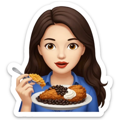 Mujer de pelo cafe oscuro y largo, y tez blanca disfrutando de un pollo frito con frijoles negros sticker