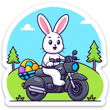 Easter bunny riding a BMW boxer motorcycle with trees and grass in the background and colorful Easter eggs hidden in the grass sticker