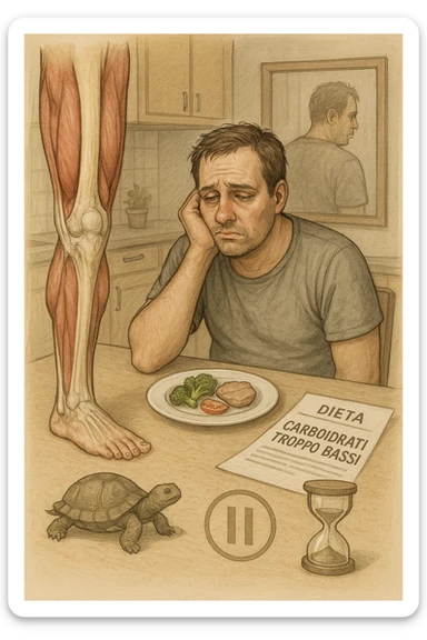 illustrazione anatomica di gamba più Uomo sui 35 anni in cucina, con espressione affaticata e spenta, guarda un piatto con pochissimi carboidrati (solo qualche verdura e proteine). Accanto a lui, fogli con una dieta rigida e una scritta visibile: 'Carboidrati troppo bassi'. Il suo corpo appare bloccato, senza definizione, con uno specchio alle spalle che riflette una figura stanca e senza progressi. Sul tavolo ci sono simboli che richiamano il metabolismo rallentato: una tartaruga, una clessidra ferma.corta o inibita sticker