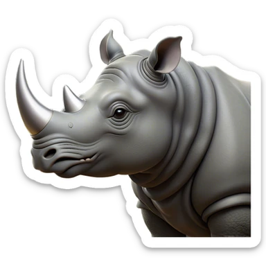 Cinematic Noble Rhinoceros Portrait Emoji, Poised and regal, with a massive, powerful build and a thick, armored hide of slate gray, deep-set soulful piercing eyes, Simplified yet sharp and sophisticated features, highly detailed, glowing with a soft, dignified glow, high shine, intelligent and formidable, stylized with an air of ancient might, focused and attentive, soft glowing outline, capturing the essence of a watchful and commanding behemoth, so majestic it feels as though it could charge out of the screen with effortless authority! sticker