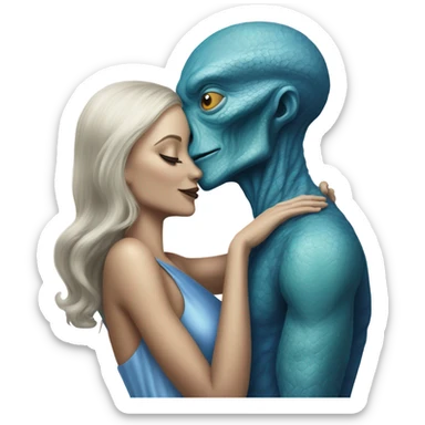 White man in blue dress  hugs and kissing Alien reptilian woman in silver dress  sticker