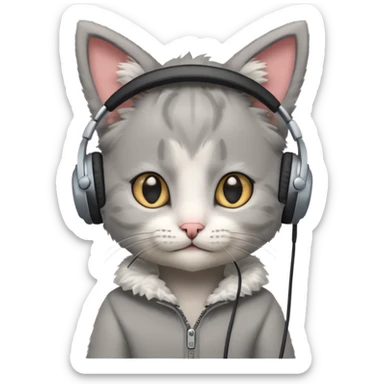 a small grey kitten sitting on a seat and wearing headphones and there is a sims logo over her head sticker