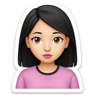 Gordita, ojos pequeños de color cafe oscuro, labios pequeños y rosados, piel trigueña, orejas pequeñas, cabello largo lazio y negro, pequeña. sticker