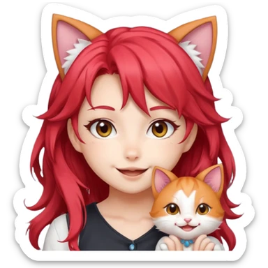 very cute anime cat-girl with cat ears, red blowing hair sticker