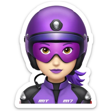 Créer un emoji avec une moto mt07 sport noir mate / violet iridescent très foncé, pare-brise de la moto violet. Avec une femme pilote dessus, visage caché’ par la visière violette, visière cachant tout le visage .Avec en arrière plan cercle violet. sticker