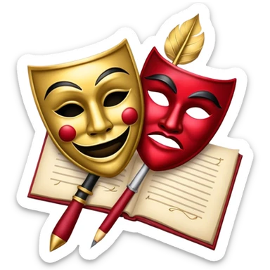 Create a bold and dramatic emoji representing the art of playwriting. The design should feature an open script or a theater playbook, with stylized text lines or dramatic dialogue inside. Include elements like a theatrical comedy and tragedy masks, a stage spotlight, or a writting quill to symbolize creativity and performance. Use deep, contrasting colors like red, black, and gold to evoke the intensity and passion of drama. The overall design should feel dramatic, inspiring, and artistic. Make the background transparent. sticker