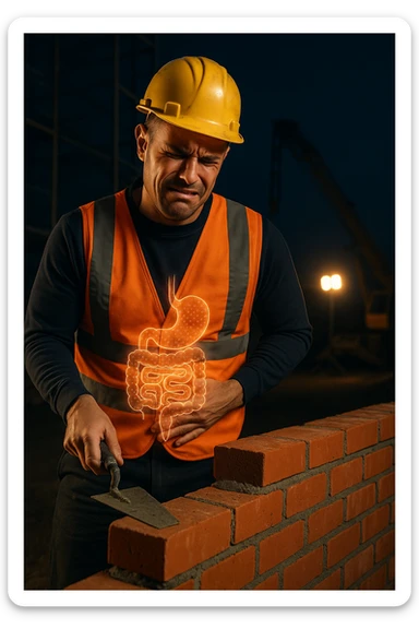 a construction worker in a reflective vest and hard hat is laying bricks at a nighttime construction site, illuminated by strong work lights. He pauses, one hand on his abdomen with a pained or uncomfortable expression, while the other holds a trowel. In the background, scaffolding and machinery are visible under the night sky. Subtle icons or overlays highlight digestive organs, suggesting the need for intestinal balance. sticker