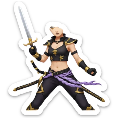 A sword maiden, mohawk, long braid white hair with lavender and tips long messy bangs one side, gold yellow eyes, black crop top, with both fighting gloves up in defensive ready pose, delivering a lightning quick vertical upwards front kick with volcanic force sticker
