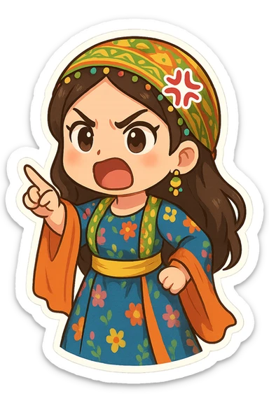 Cartoon sticker of a Kurdish woman wearing traditional colorful and cheerful Kurdish female clothing, face showing anger and rage, one hand raised with index finger pointing as a sign of threat or warning, no shadow or color halo around the image, no text, suitable for WhatsApp and Instagram, with a completely transparent background. sticker