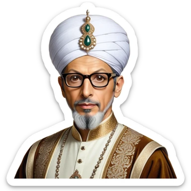 Jeff Goldblum no glasses as a regal portrait dressed as suleiman-the-magnificent,-depicted-as-a-regal-ottoman-sultan-adorned-with-a-large,-white,-round,-tall-turban-and-a-majestic-grey-beard,-his-commanding-gaze-bathed-in-warm,-historic-lighting-that-exudes-time with a large beard **no glasses* sticker