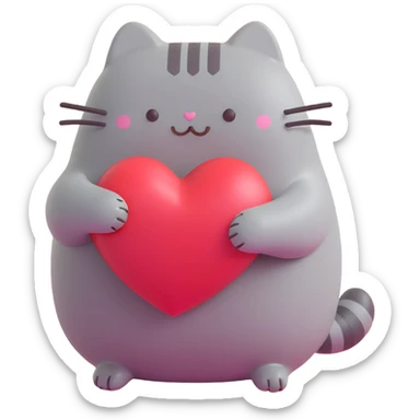 Pusheen hugging a big heart, 3D, pastel colors, joyful sticker