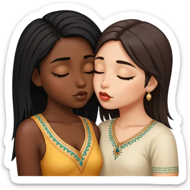 two girls kissing one short hair (black girl) one long hair (indian girl) with their eyes open  sticker