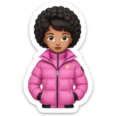 A brown skin  skinned girl that’s has puffy black hair with her hair up in a puffy hairstyle and skinny and wears a pink puffer coat sticker
