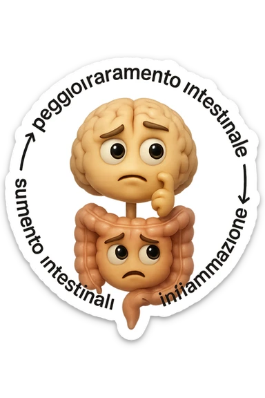 EMOJI STILE IPHONE 3D DI un cerchio con queste scritte che girano intorno "stress → peggioramento intestinale → aumento infiammazione → peggioramento sintomi intestinali e sistemici." al centro del cerchio metti un cervello e intestino umani collegati verticalmente con espressione dubbiosa in volto, FALLO MOLTO REALISTICO IN 3D sticker
