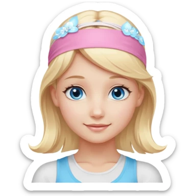 close-up of a beautiful angelic blonde girl's face, gentle smile, sparkling eyes, light pink yoga headband sticker