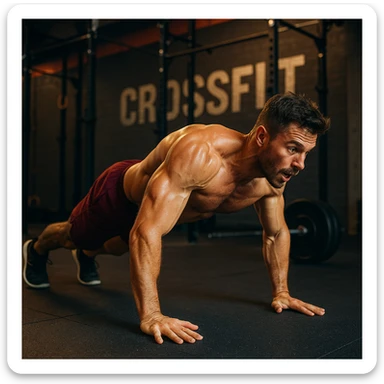 realistic 4K image of a crossfit athlete training burpees exercise, body in motion, defined muscles, vivid colors, energetic atmosphere, gym background sticker