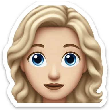 An adult white woman with wavy medium-brown shoulder-length hair, pink lips, and blue eyes, cropped at the shoulders, on a white background sticker