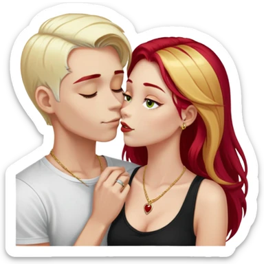 couple kissing, girl with long cherry red hair, blonde eyebrows, gold A necklace, boy with SHORT PURE WHITE HAIR (not blonde, not gray, but WHITE like snow), dark t-shirt, silver ring sticker