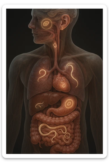 Vertical, hyper-realistic 3D cutaway illustration: the human body is shown in semi-transparent layers, exposing various types of parasites (tapeworms, roundworms, protozoa) inside the digestive tract and other organs. The parasites are rendered in vivid detail, with realistic lighting and shadows. Key areas of infection are highlighted sticker