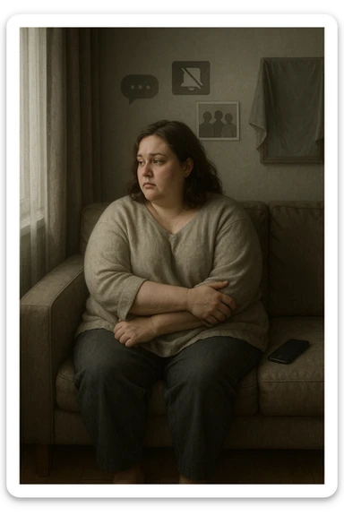 Donna tra i 30 e i 40 anni seduta sola su un divano, con espressione malinconica e corpo visibilmente appesantito. Indossa abiti larghi, avvolgenti, e guarda fuori dalla finestra mentre il telefono è spento o con notifiche ignorate accanto a lei. Sullo sfondo, si notano segnali di vita sociale assente: messaggi non letti, inviti ignorati, foto di gruppo a cui non partecipa. L’atmosfera è silenziosa, con luce grigia e ambiente spento. Intorno a lei, simboli di ritiro e insicurezza: tende chiuse, specchio coperto, postura chiusa. Stile realistico, tono delicato ed emotivo sticker
