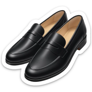 Aesthetic black loafers emoji, soft pastel minimal illustration, smooth shiny leather, delicate highlights, simple cute proportions, fashion sticker style, clean white background, soft shadow, minimal luxury vibe, high resolution, centered, sticker