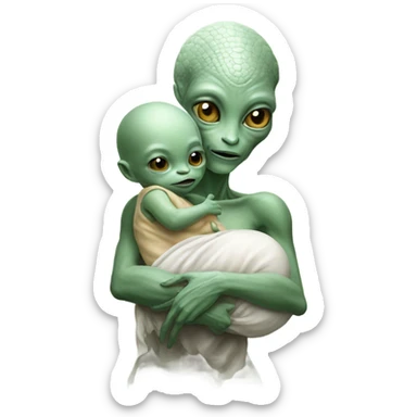  Reptilian alien woman , full body,  holds a newborn white humman baby sticker