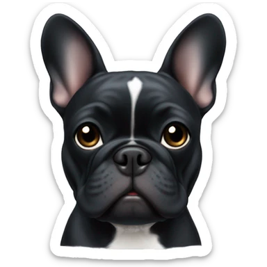 An all-black French bulldog with a white breast sticker