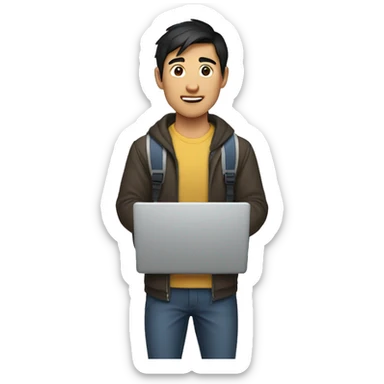 
An Asian man, dark-haired college student who likes exercising and holding a laptop. sticker