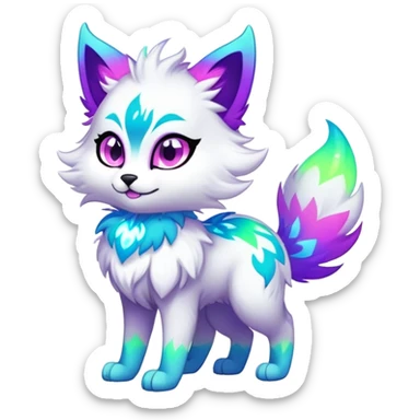 Vibrant multicolored neon-colored Falvie-Fionbri-creature-sparkle-feline-canine-hybrid-fursona, full body sticker