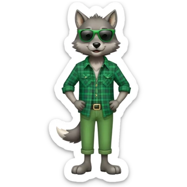 full-body friendly anthropomorphised wolf in green plaid shirt and green attire for St. Patrick's Day, wearing dark sunglasses, upright pose sticker